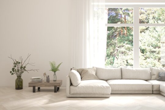 Contemporary classic white interior with furniture and decor and summer landscape in window. Scandinavian interior design. 3D illustration