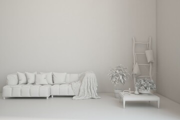 Grey interior desigh concept with furniture. 3D illustration