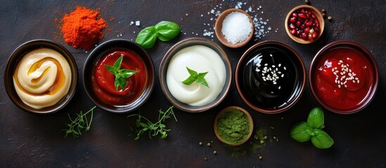 A variety of sauces including soy, balsam, pomegranate, ketchup, sour cream, mustard, and basil. - obrazy, fototapety, plakaty