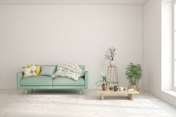 White living room with sofa. Scandinavian interior design. 3D illustration