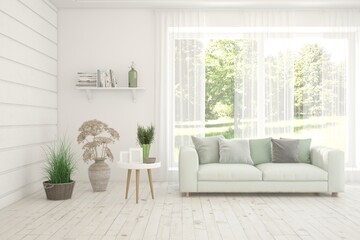 White living room with sofa and summer landscape in window. Scandinavian interior design. 3D illustration