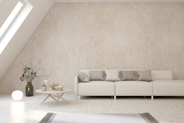 White modern interior design with sofa. Scandinavian interior design. 3D illustration