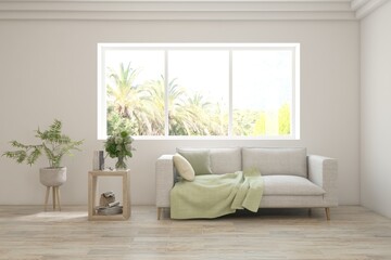 Bright interior design with modern furniture and summer landscape in window. 3D illustration
