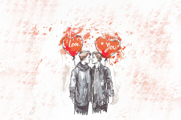 Couple homosexuel, 2 hommes qui se regardent et vont s'embrasser et tiennent des ballons baudruches en forme de coeur rouge avec le texte 