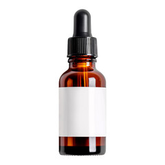 amber dropper bottle with a blank white Label isolated on a transparent background mockup, 1oz amber glass serum bottle png for cosmetics, natural essential oil presentation