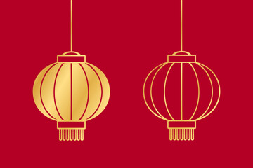 Gold Hanging Chinese Lantern Set, Lunar New Year and Mid-Autumn Festival Decoration Graphic. Decorations for the Chinese New Year. Chinese lantern festival.