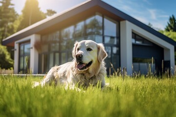 Golden retriever lying on grass in front of modern house on a sunny day. - obrazy, fototapety, plakaty