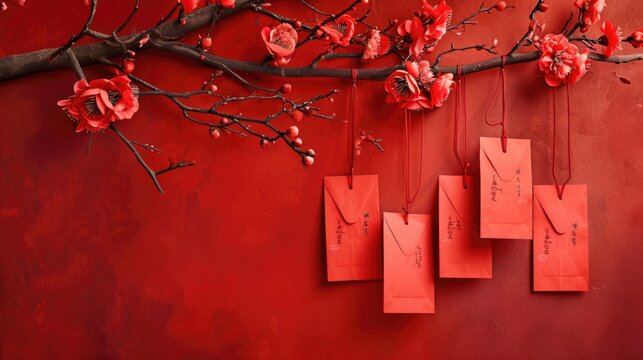 Red envelopes hanging on plum tree branches on red background