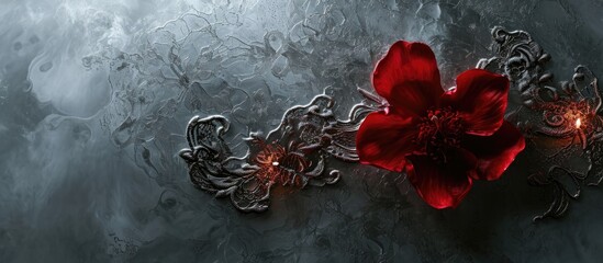 Reflective surface with crimson flower, lace, and flickering illumination.