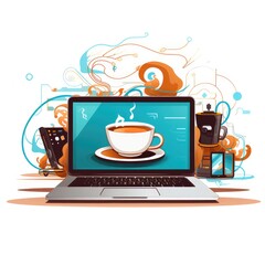 vector coffee and laptop illustration