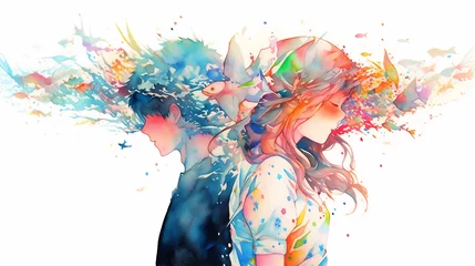 Foto op Plexiglas Vibrant Rainbow Colored Watercolor Painting, Young Couple in an Anime Style, Chaotic Paint Splatter, Generative AI © HRTNT Media