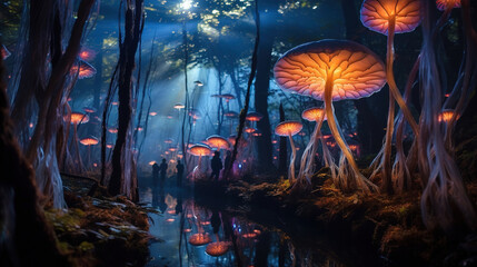 magical mashrooms in the forest. Generative Ai