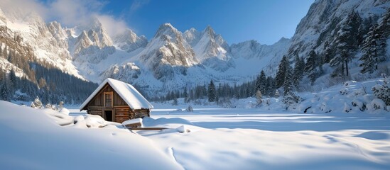 Winter scenery and shelter in 5 lakes valley, High Tatras, Poland. - obrazy, fototapety, plakaty