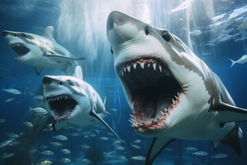 Fototapeta premium Great white sharks underwater with open jaws, showcasing sharp teeth in a blue oceanic background.