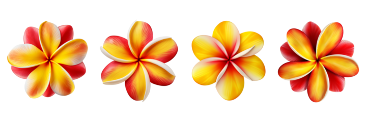 Set of plumeria yellow and red combination top view isolated on a transparent background