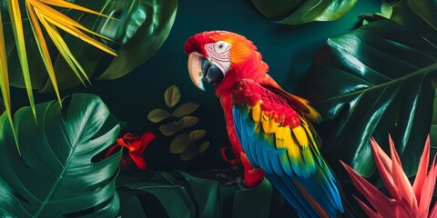 Scarlet macaw perched amid tropical foliage, showcasing brilliant plumage in a lush rainforest setting