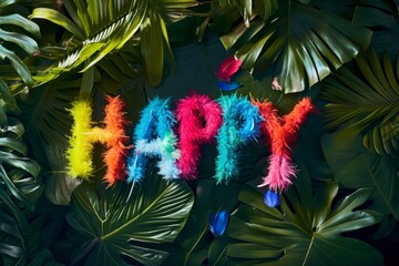 Vibrant 'HAPPY' sign made of colorful feathers against a tropical leaf backdrop, evoking joy and festivity