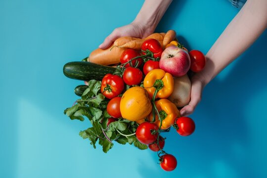 Hands holding an assortment of fresh vegetables and fruits against a blue background, symbolizing healthy eating and nutrition