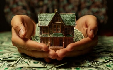 Pointing Hand with Coins and House Model on Table 