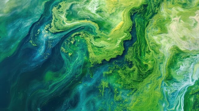 Aerial view of a massive bloom of algae in a lake, fluid, organic pattern with vibrant greens and blues