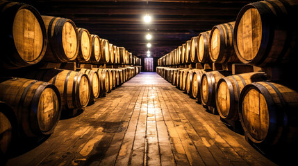 Barrels for wine or cognac in the basement of a winery, wooden barrels for wine in perspective. wine cellars. antique oak barrels with craft beer or brandy