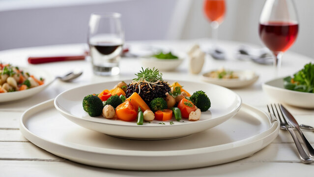 the elegance of vegetarian cuisine by photographing a well-balanced veg food plate on a clean, white wooden table in a restaurant