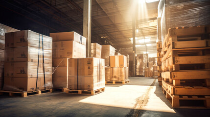 Modern warehouse of finished products in cardboard boxes, background. Industrial storage concept, copy space. Logistics.