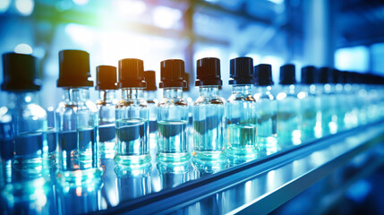 Row of Glass Bottles on Counter. Bottles with medicines on the conveyor. Selective focus. Close-up.