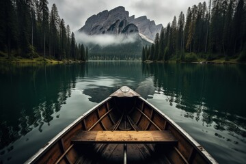 Wood boating on lake in the snowy mountain. Generate AI image