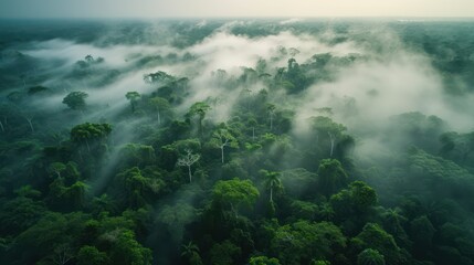 Beautiful aerial view of misty tropical forest in morning time.