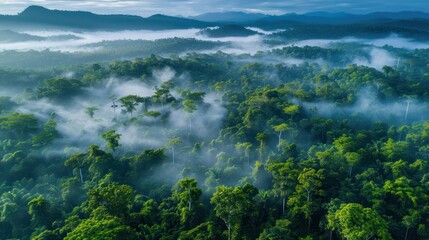 Aerial view of forest and fog in the morning, Thailand