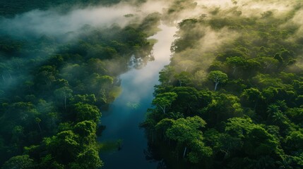 Aerial view of foggy river and forest in the morning.
