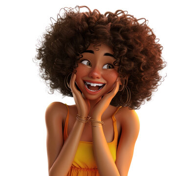 3d cartoon Beauty portrait of african american woman with clean healthy skin, Smiling dreamy beautiful afro hairstyle girl. Curly black hair, isolated on white and transparent background