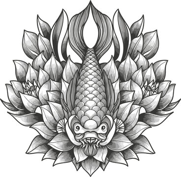Carp fish and chrysanthemum tattoo by hand drawing. Tattoo art highly detailed in line art style