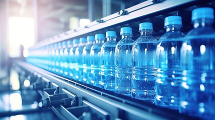 Water bottling plant processes and bottles pure spring water into blue bottles