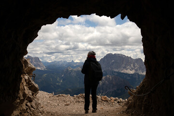 Mountain view with climber, Marmolada, mountain, Dolomites, Italy.