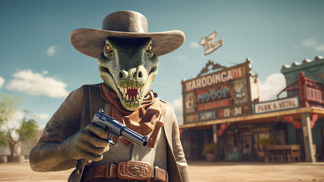 Cowboy Alligator in a VR Wild West Town Participating