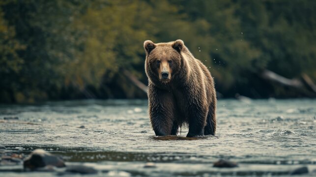 Large Brown Bear Walking Across River