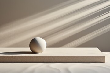 Minimalist composition with a white sphere on a platform, casting soft shadows under natural light rays.