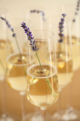Glasses of champagne decorated with lavender on blurred background