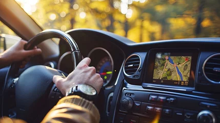 Foto op Plexiglas Man searching destination direction or address on gps or navigator application inside a car while driving car, close. © Евгений Федоров