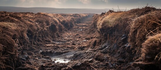 Drying peat from Scottish moor, used for heating. - obrazy, fototapety, plakaty