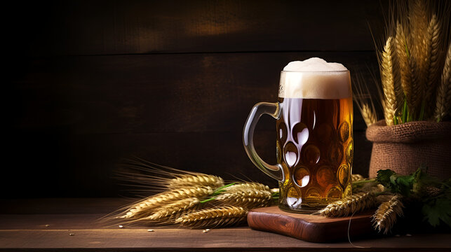 A Glass beer on golden wheat in a wooden table on black background ai generative