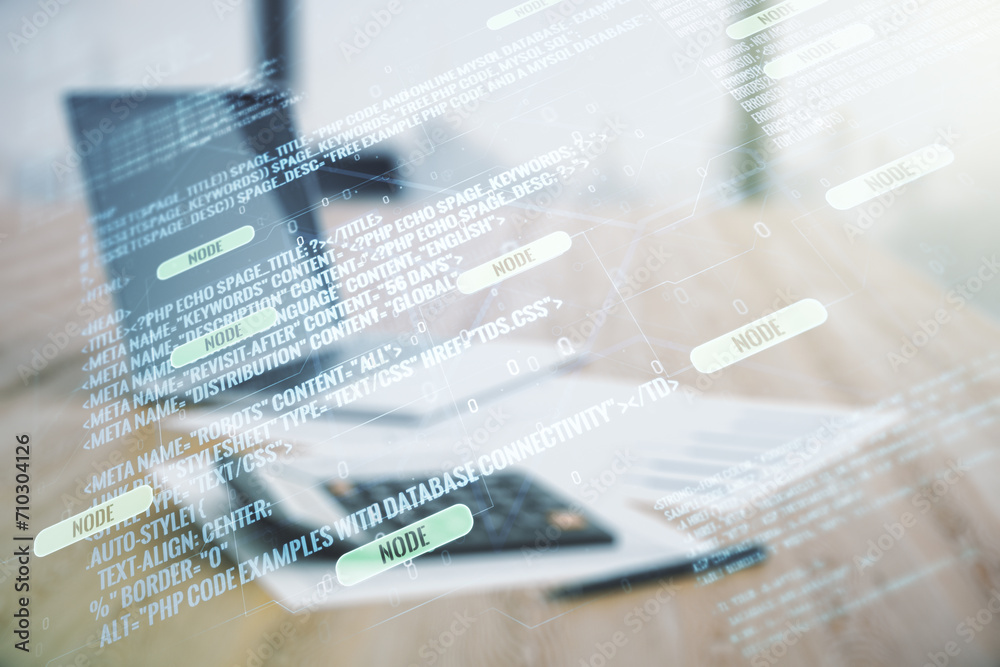 Poster multi exposure of abstract programming language hologram on calculator and pc background, artificial