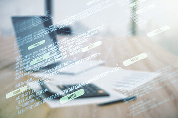 Multi exposure of abstract programming language hologram on calculator and pc background, artificial intelligence and machine learning concept