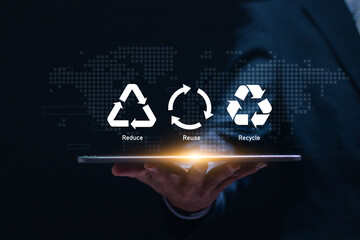Environmental sustainability concept. Businessman show virtual symbol of reduce, reuse, recycle for...