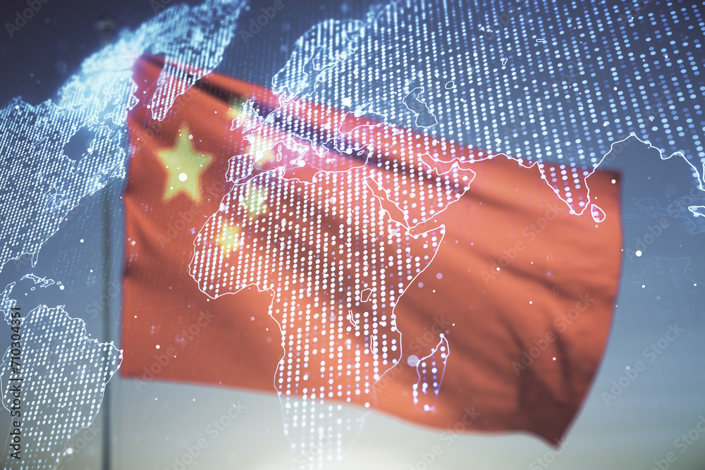 Poster Multi exposure of abstract graphic world map on Chinese flag and sunset sky background, big data and networking concept