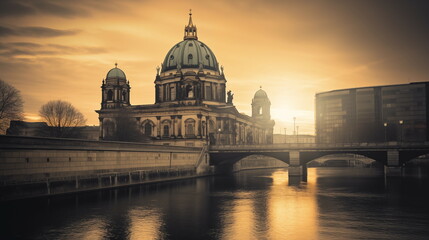 Fototapeta na wymiar View of Berlin Cathedral by the canal, romantic landscape and art nouveau inspiration