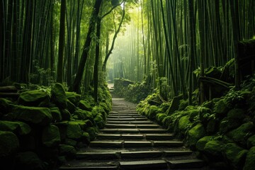 A tranquil pathway carves its way through a lush bamboo forest, offering an inviting and peaceful...