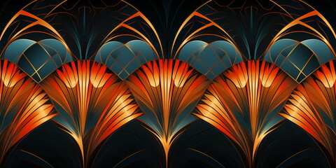 Flower pattern digital artwork in the style of art deco, geometric shapes, dark orange and dark cyan, luxurious drapery, colorful curves